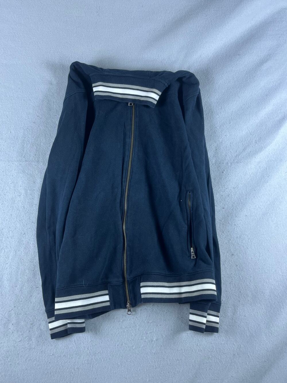 Banana Republic Sweater Jacket Mens XL Navy Blue Full Zip Mock Neck Striped Trim